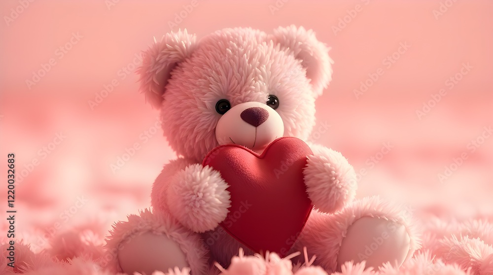 Fototapeta premium A cute teddy bear, holding a heart, in a surreal infrared image featuring gentle soft light, otherworldly appearance, diffused shadows, and subtle illumination. Infrared spectrum tones dominate the 