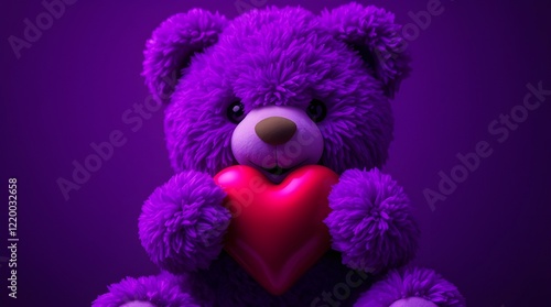 A teddy bear holding a heart, deep ultraviolet hues, vivid purples, high contrast, sharp focus, smooth texture 