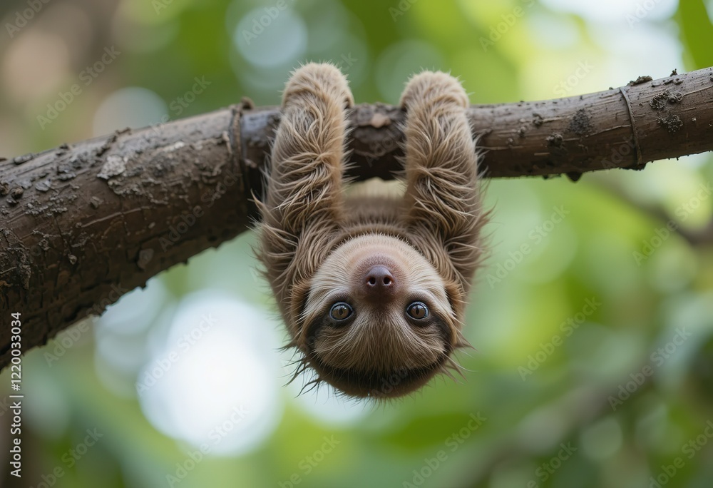 A baby sloth hangs upside down from a tree branch in a lush green forest environment. A baby sloth hangs upside down from a tree branch in a lush green forest environment.