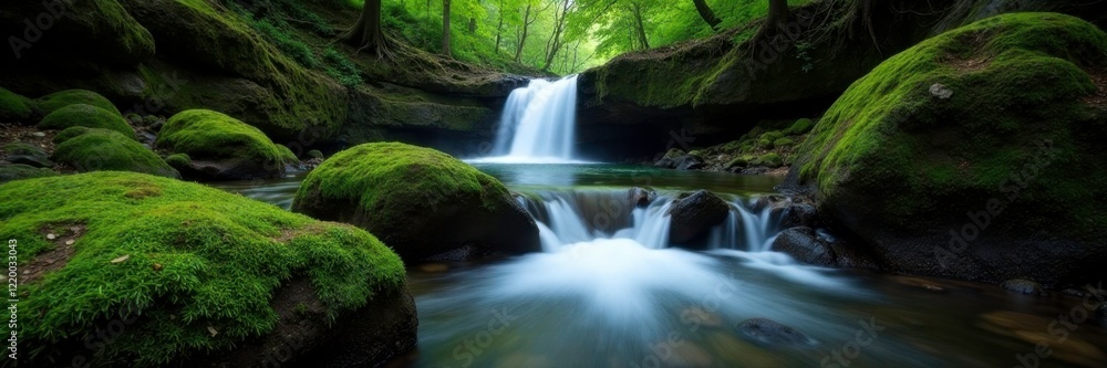 Obraz premium Moss covered stones at Golitha Falls with a waterfall, rocky terrain, waterfall