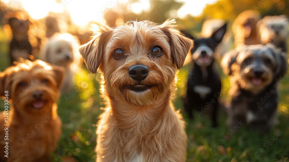 Happy dog park sunset group portrait Happy dog park sunset group portrait