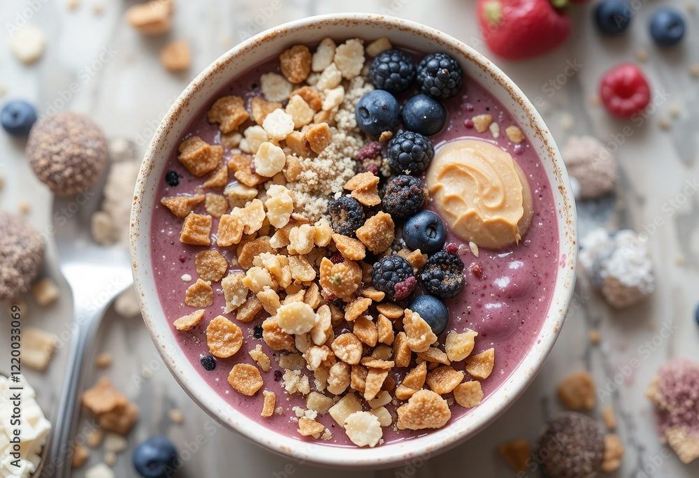 A vibrant purple berry smoothie bowl topped with granola, peanut butter, and mixed berries. A vibrant purple berry smoothie bowl topped with granola, peanut butter, and mixed berries.