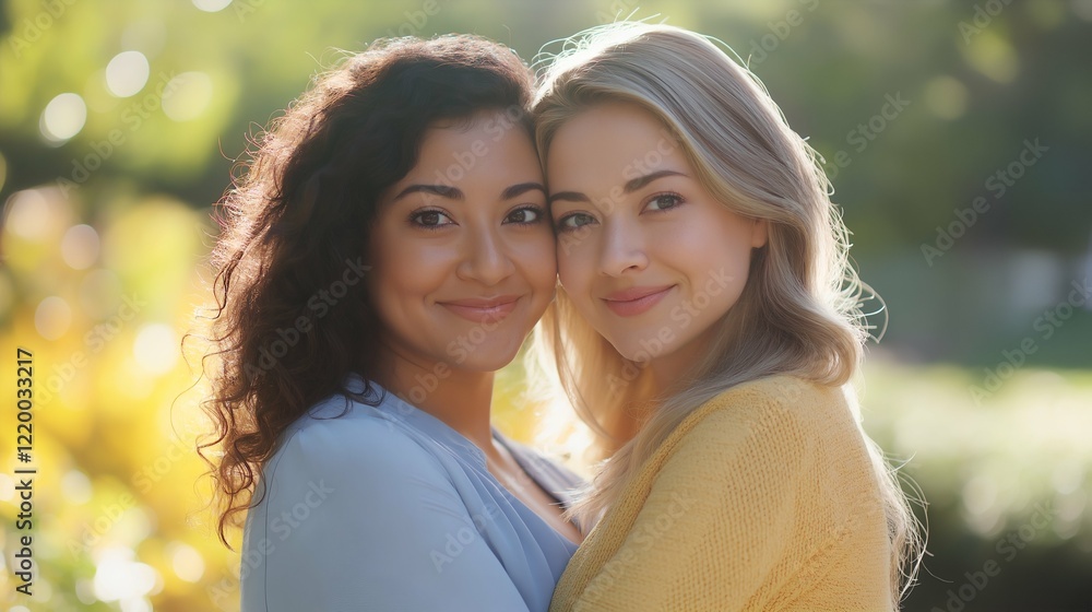 Two multiethnic women smiling and embracing, happiness, outdoor. Latina and Caucasian women, positive. Multicultural, multiracial friendship concept. Women's day theme. Two multiethnic women smiling and embracing, happiness, outdoor. Latina and Caucasian women, positive. Multicultural, multiracial friendship concept. Women's day theme.
