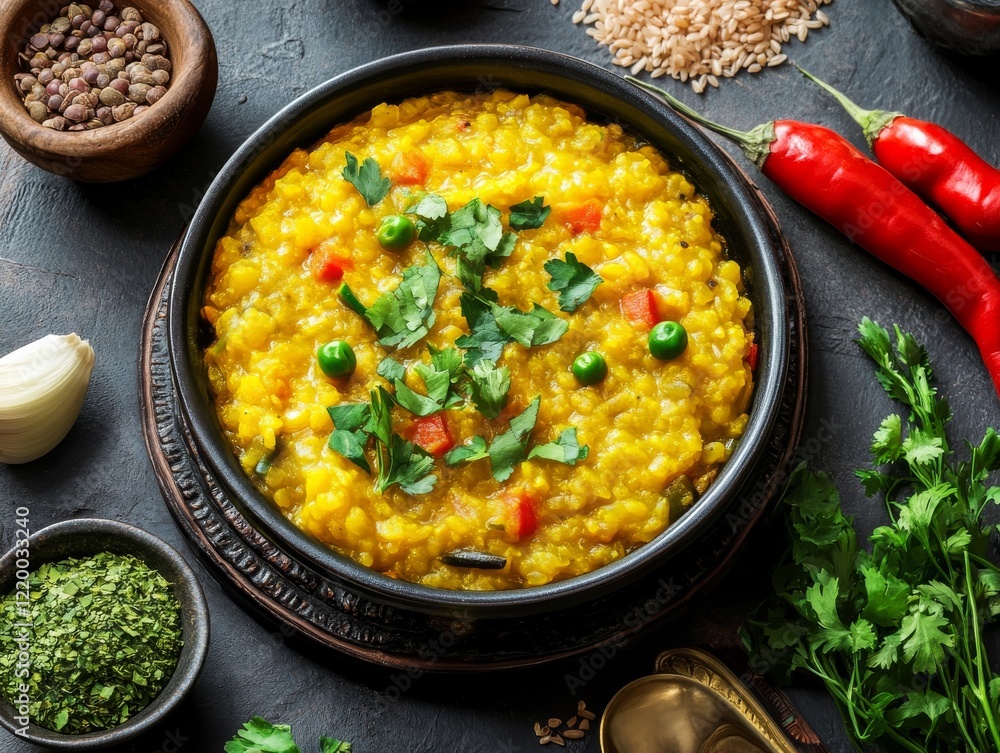 Traditional Indian khichdi with rice, lentils, and vegetables. Featuring a comforting and nutritious dish. Highlighting the texture and flavors of the khichdi. Ideal for food and cultural themes. Traditional Indian khichdi with rice, lentils, and vegetables. Featuring a comforting and nutritious dish. Highlighting the texture and flavors of the khichdi. Ideal for food and cultural themes.