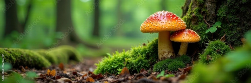 Mossy forest floor with Boletus edulis fungi growing among tree roots, bolete, trees, edible Mossy forest floor with Boletus edulis fungi growing among tree roots, bolete, trees, edible
