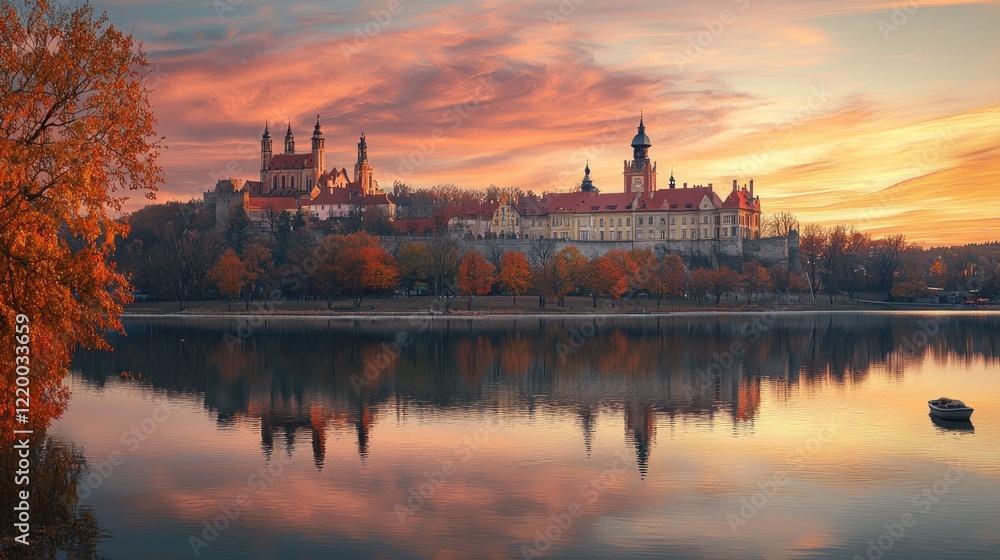 Autumnal castle sunset reflection, riverbank, travel poster Autumnal castle sunset reflection, riverbank, travel poster