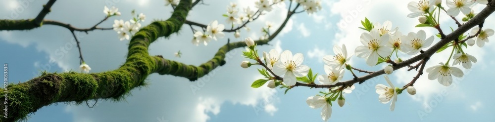 Obraz premium Mossy tree branches with white flowers blooming under a cloudy sky, springtime, white flowers, peaceful
