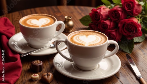  Two coffee cups with heart-shaped foam art.  Placed on a wooden table with a small bouquet of roses and chocolates.  Cozy and intimate Valentine’s breakfast scene.