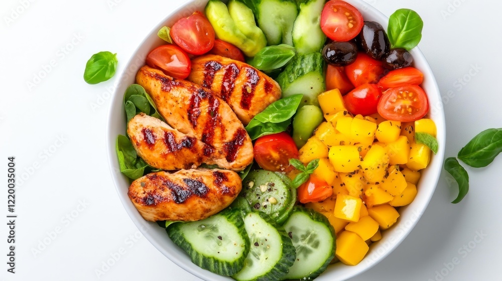 Chicken Salad with Grilled Chicken Fresh Vegetables and Mango on White Background. Generative AI Chicken Salad with Grilled Chicken Fresh Vegetables and Mango on White Background. Generative AI
