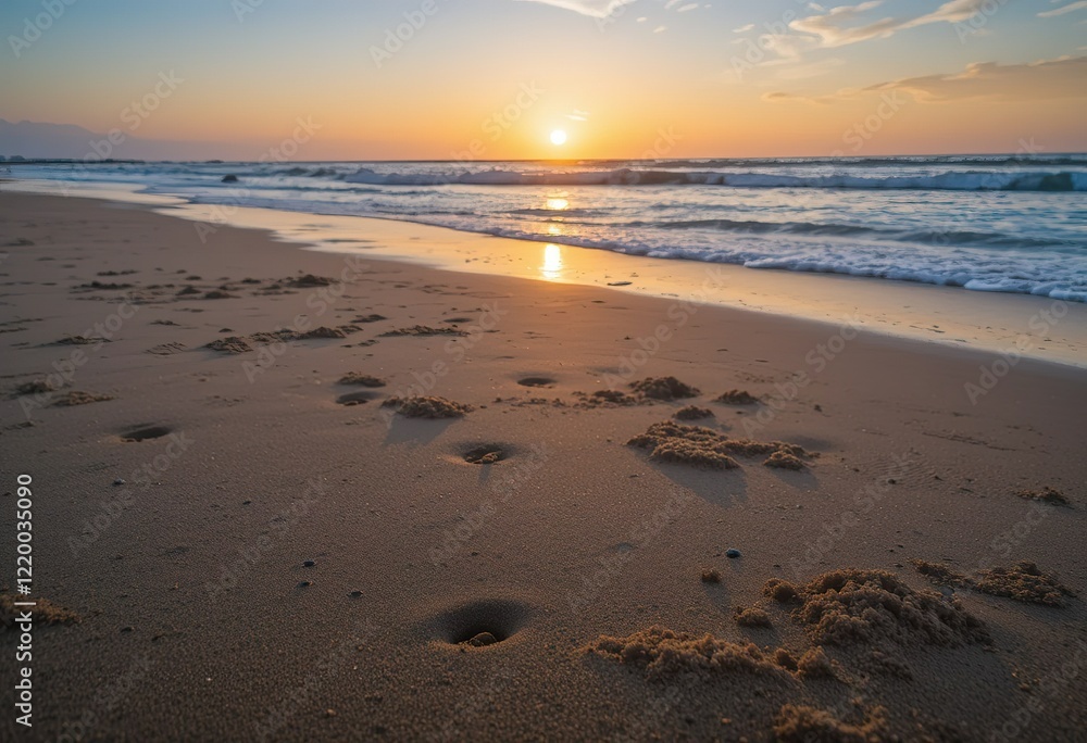 A tranquil beach scene at sunset featuring golden light reflecting on the ocean waves and small footprints in the sand. A tranquil beach scene at sunset featuring golden light reflecting on the ocean waves and small footprints in the sand.