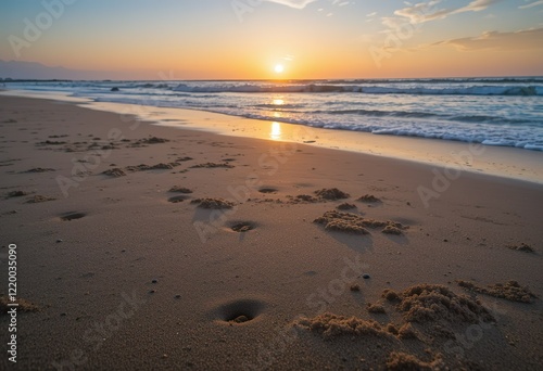 Wallpaper Mural A tranquil beach scene at sunset featuring golden light reflecting on the ocean waves and small footprints in the sand. Torontodigital.ca