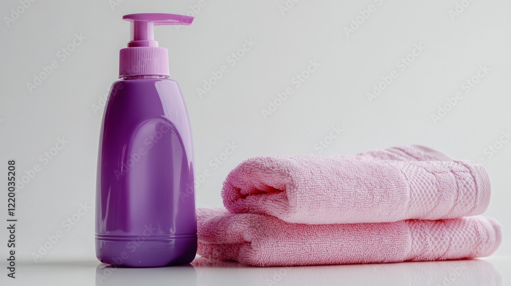 Photo of a purple bottle with shampoo on top and two pink towels next to it, placed against a white background. Photo of a purple bottle with shampoo on top and two pink towels next to it, placed against a white background.