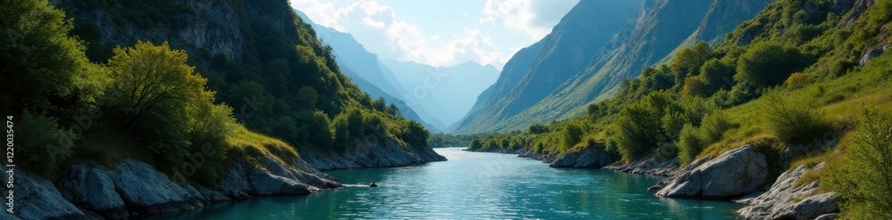 Mountain river flowing through a narrow gorge, vegetation, mountains, landscape Mountain river flowing through a narrow gorge, vegetation, mountains, landscape