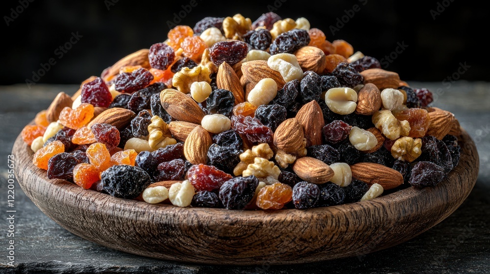 Wooden bowl of mixed nuts & dried fruits on dark background Wooden bowl of mixed nuts & dried fruits on dark background