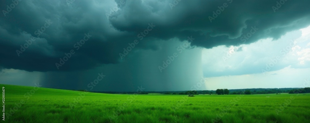 Dark clouds gather over a lush green field with strong gusts and heavy rainfall, wind, wet land, cloud Dark clouds gather over a lush green field with strong gusts and heavy rainfall, wind, wet land, cloud