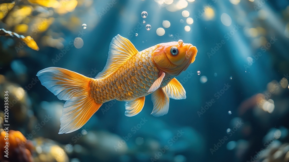 Orange Koi swims aquarium, sunlit background, pet Orange Koi swims aquarium, sunlit background, pet