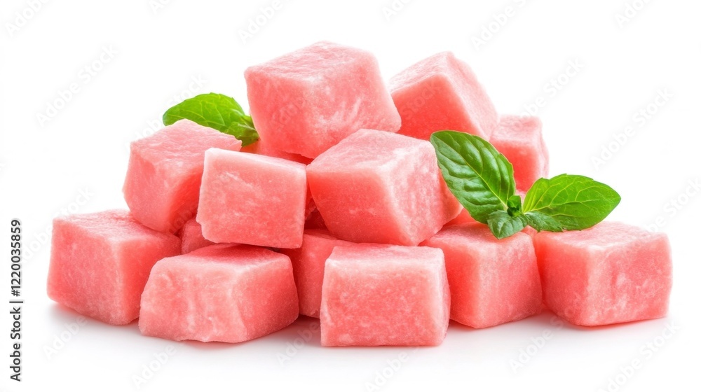 Watermelon ice cubes with mint leaves. Generative AI