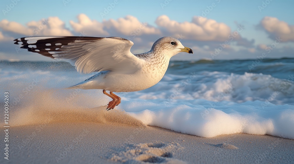 Seagull landing beach sunset waves nature Seagull landing beach sunset waves nature