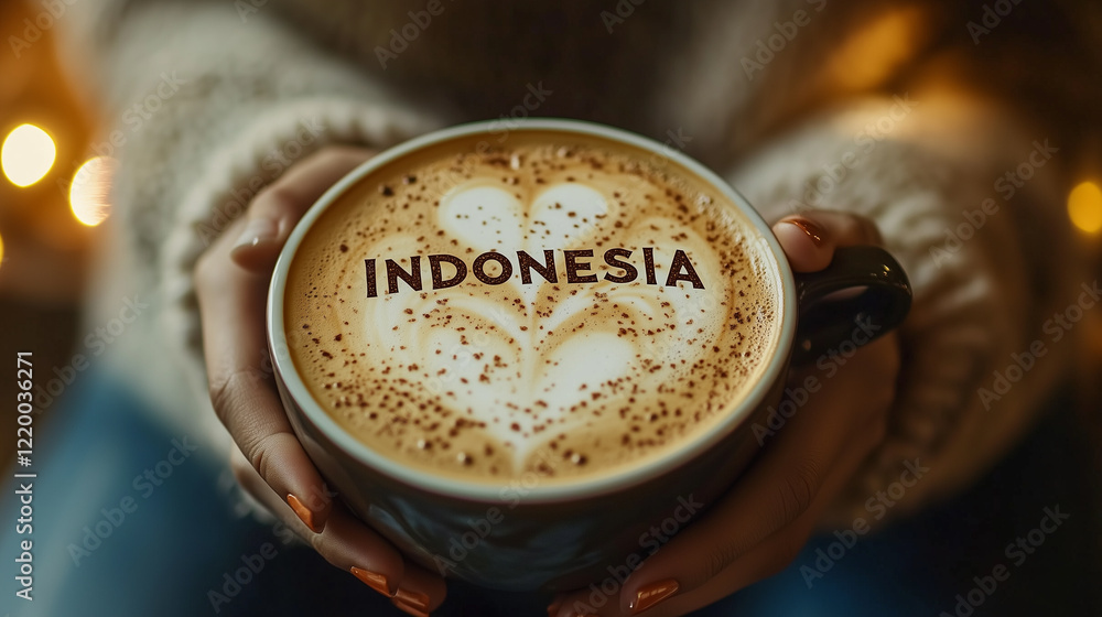 Woman Holding a White Cup with Indonesia and a Heart Drawn on the Foamy Surface Woman Holding a White Cup with Indonesia and a Heart Drawn on the Foamy Surface