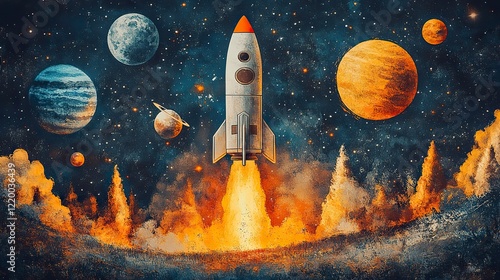 Fototapeta Naklejka Na Ścianę i Meble -  Children watch rocket launch into space with planets and stars. Colorful scene of space exploration, adventure, imagination.