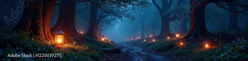 Mysterious forest with glowing lanterns and Christmas decorations, glowing lanterns, mysterious
