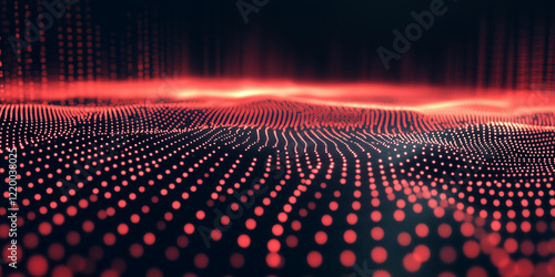 Red and black background with digital elements in the center, creating an abstract design for technology