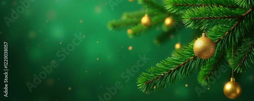 Emerald green branches adorned with gold balls, green trees, gold