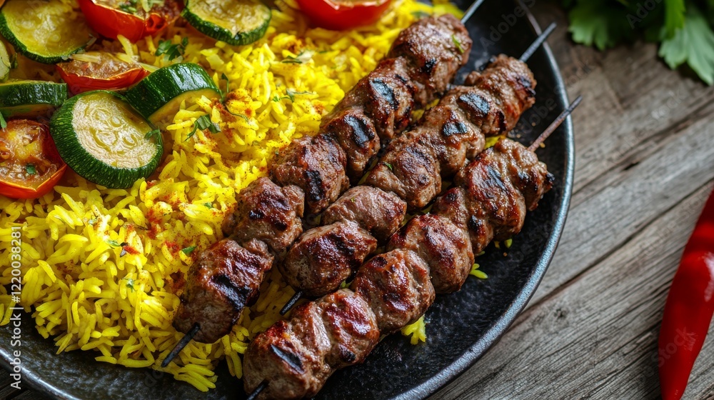Traditional Iranian kebab with saffron rice and grilled vegetables. Featuring a savory and aromatic dish. Highlighting the texture and flavors of the kebab. Ideal for food and cultural themes. Traditional Iranian kebab with saffron rice and grilled vegetables. Featuring a savory and aromatic dish. Highlighting the texture and flavors of the kebab. Ideal for food and cultural themes.