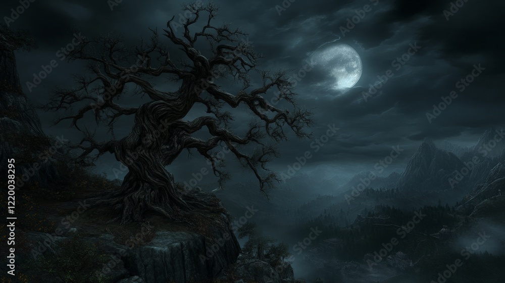 Fototapeta premium Ancient Twisted Tree Night Landscape Full Moon Dark Mountains