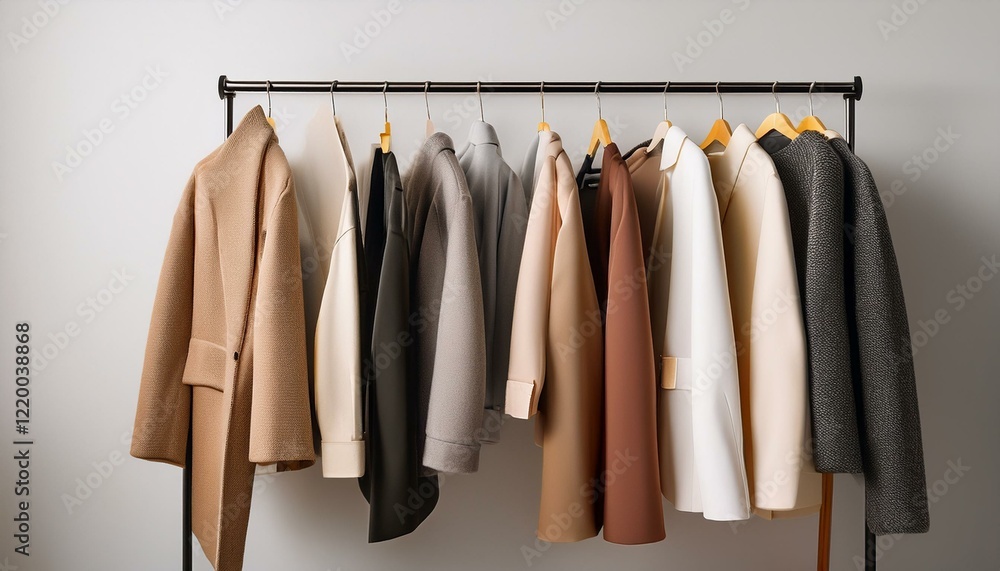 Neutral-toned coats and jackets hang on a clothing rack, showcasing a minimalist style. Neutral-toned coats and jackets hang on a clothing rack, showcasing a minimalist style.