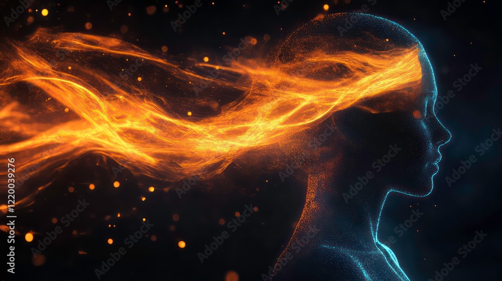Fiery energy flowing through a person's head, a conceptual image of power and inner strength. Fiery energy flowing through a person's head, a conceptual image of power and inner strength.