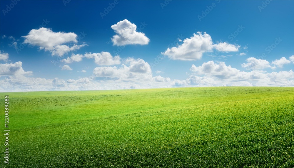 Serene green field under a vibrant blue sky dotted with fluffy white clouds. Serene green field under a vibrant blue sky dotted with fluffy white clouds.
