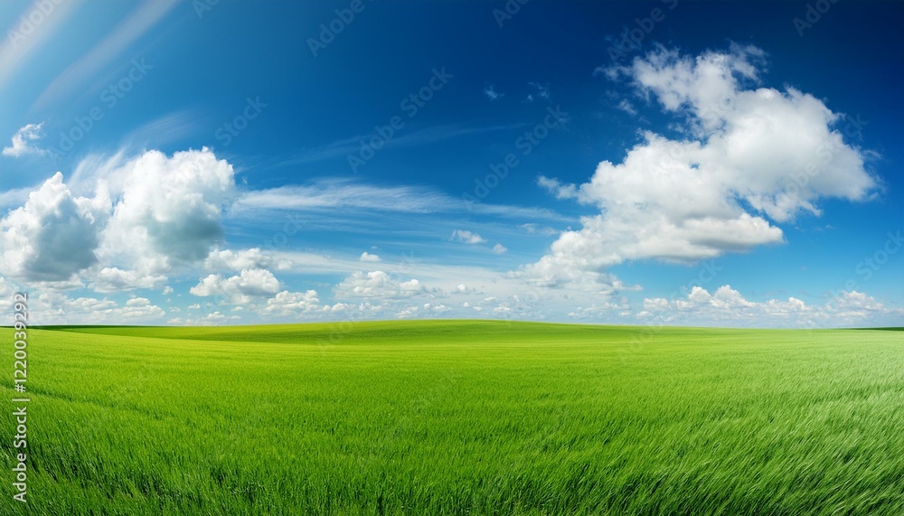 Obraz premium Serene landscape of vibrant green field under a bright blue sky dotted with fluffy white clouds.