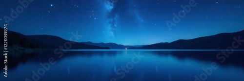 Night sky with glittering stars above a calm blue lake, Bokeh, Sparkly, Dark blue