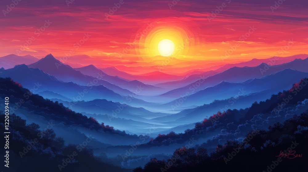 Obraz premium Illuminated Majesty: Vibrant Sunrise over Majestic Mountain Range - Concept Art