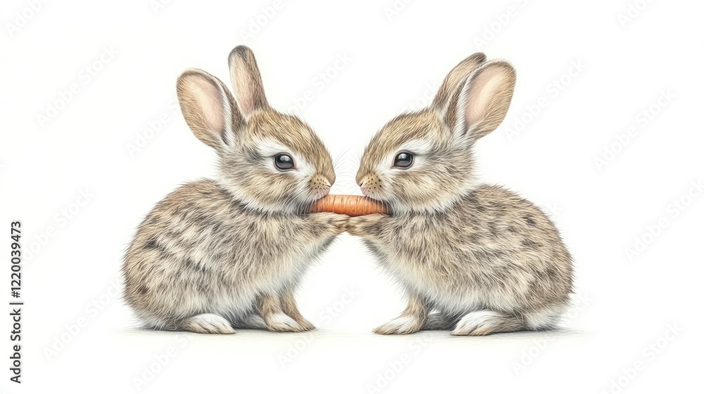 Two bunnies sharing carrot, studio, white background, Easter Two bunnies sharing carrot, studio, white background, Easter