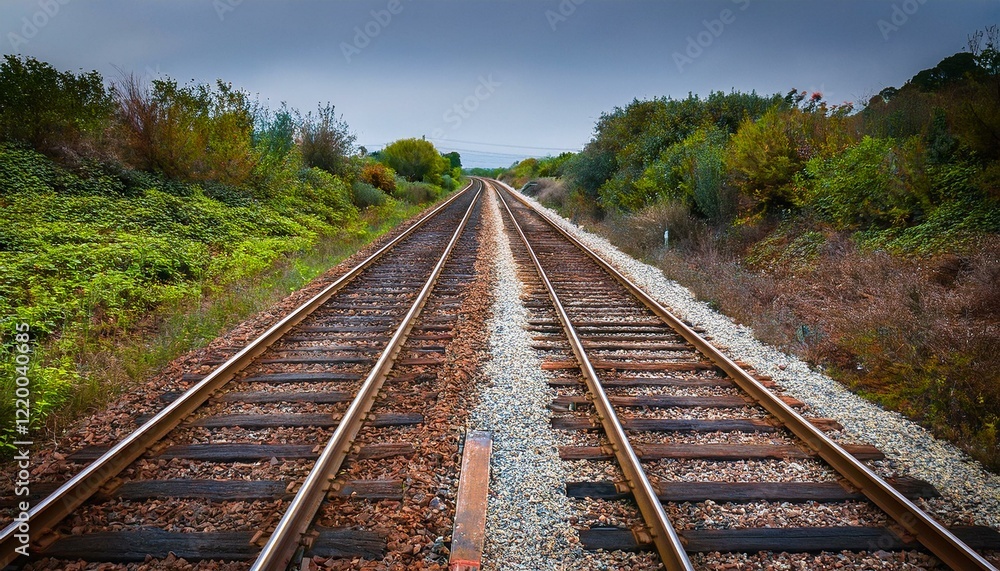 Train tracks vanish into the distance on an overcast day. Train tracks vanish into the distance on an overcast day.