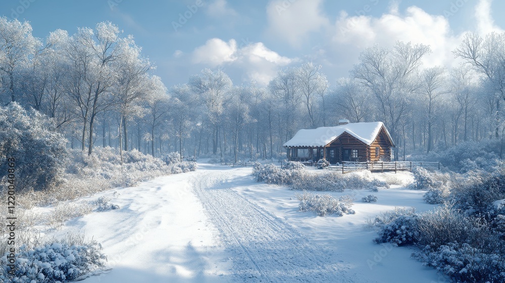 Winter Wonderland Retreat: Cozy Cabin Amid Snow-Covered Trees with Abstract Intricate Patterns