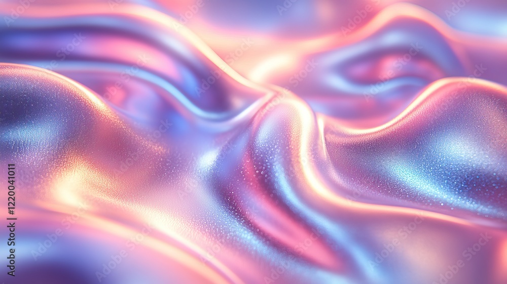 Obraz premium Close up of ethereal pastel neon blue, purple, pink, and mint holographic metallic foil background. Abstract modern curved, soft-focused, blurred surreal futuristic disco rave dreamlike backdrop.