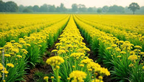 Indian farm field with rows of mature cumin plants in full bloom dry flowers, farming, herb fields
