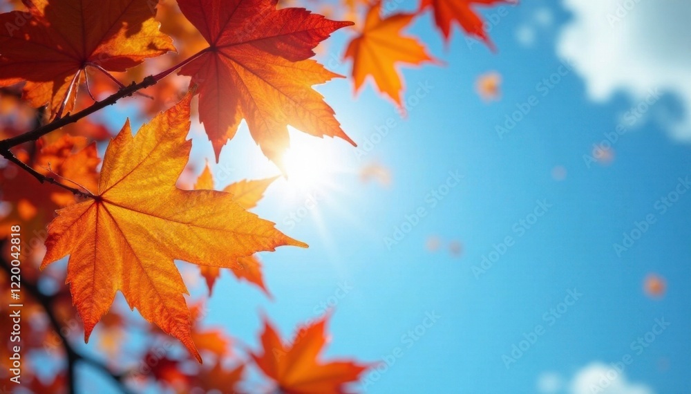Orange maple leaves scattered on blue sky with sun shining through, orange, landscape Orange maple leaves scattered on blue sky with sun shining through, orange, landscape