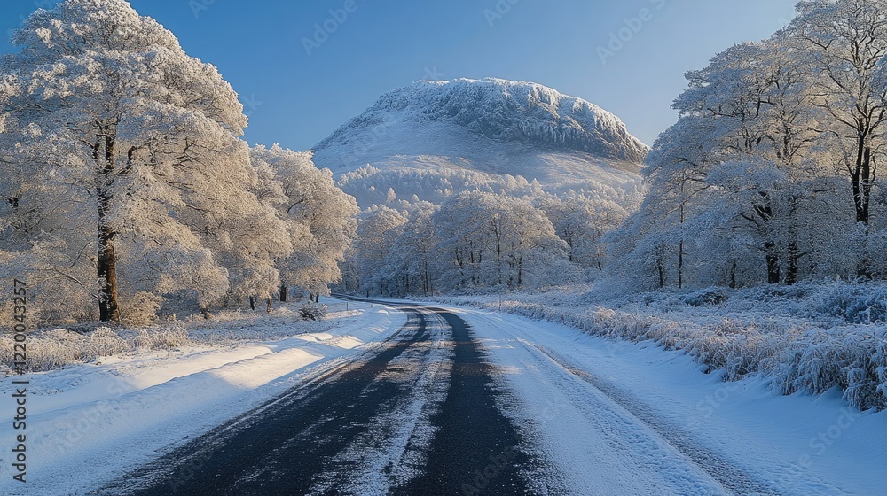 Obraz premium Snowy road, winter mountain view, frosty trees, sunrise