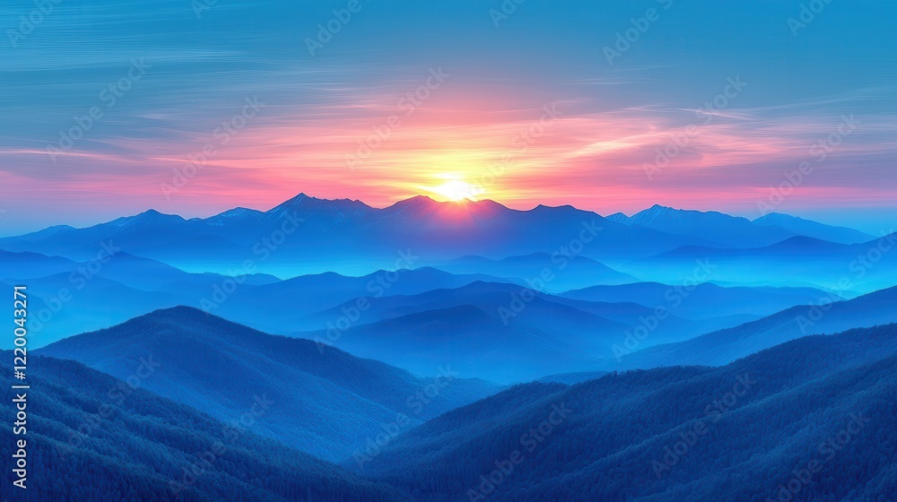 Serene Sunrise over Majestic Mountain Range with Intricate Minimalist Patterns Serene Sunrise over Majestic Mountain Range with Intricate Minimalist Patterns