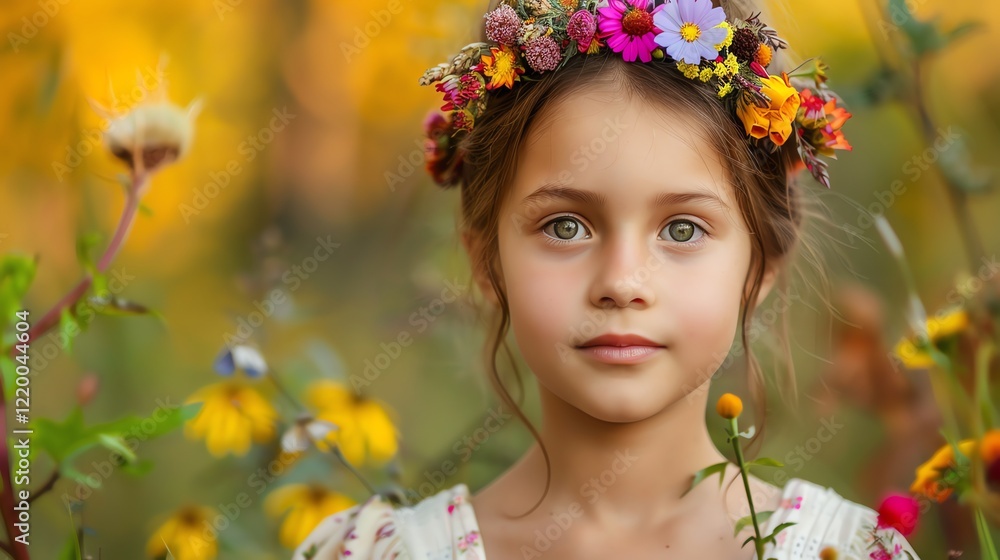 A young girl with a flower crown smiles subtly at the camera, standing amongst a field of flowers. A young girl with a flower crown smiles subtly at the camera, standing amongst a field of flowers.
