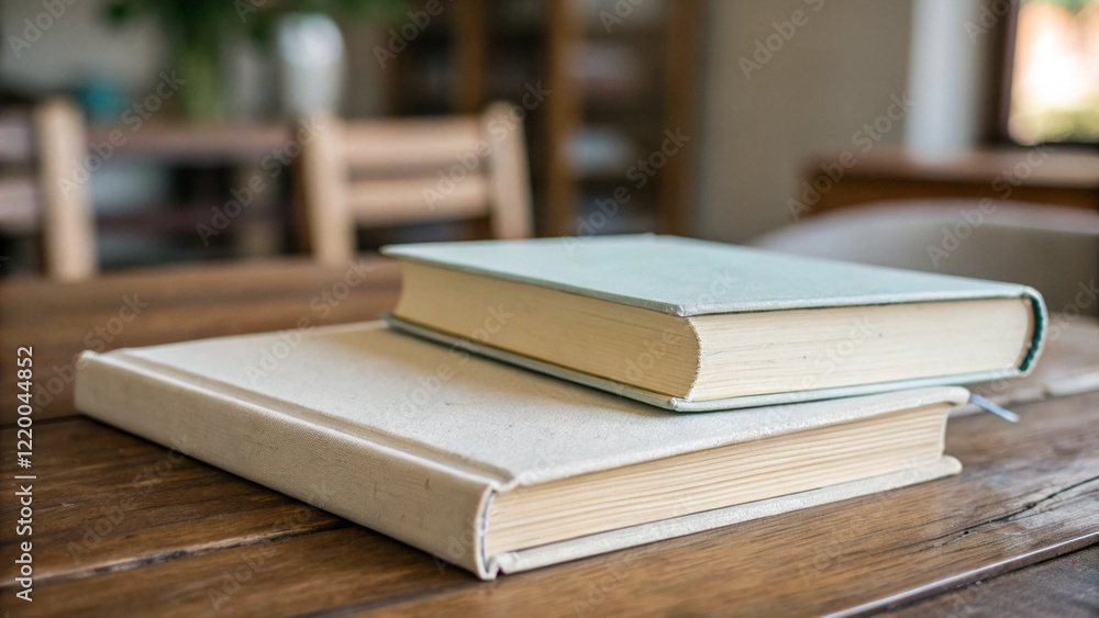 A stack of books on a wooden table A stack of books on a wooden table