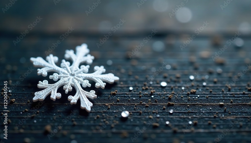 Single white snowflake on a black wooden table, texture, crystal, wood