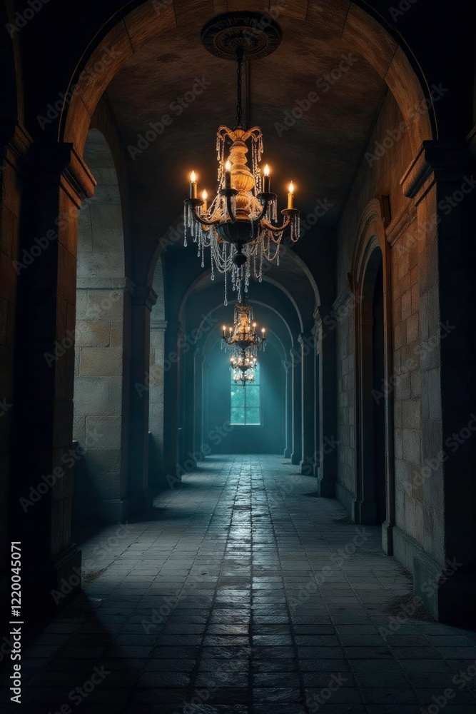 Fototapeta premium Dark corridors with cobweb-covered chandeliers, castle, eerie