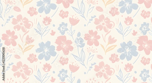 Simple, hand-drawn floral elements in soft colors, perfectly tiled for seamless use
