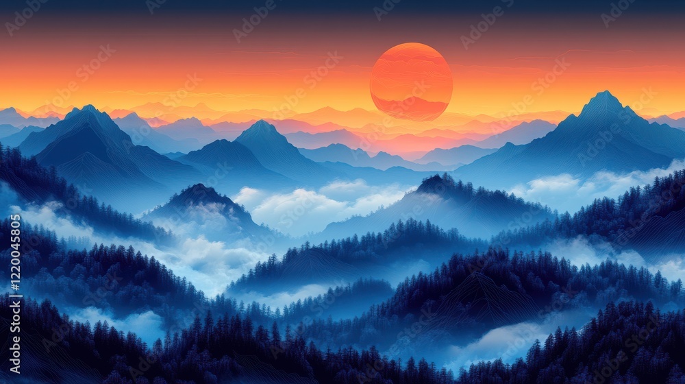 Fototapeta premium Minimalist Sunrise: Bold Outlines of Majestic Mountain Range