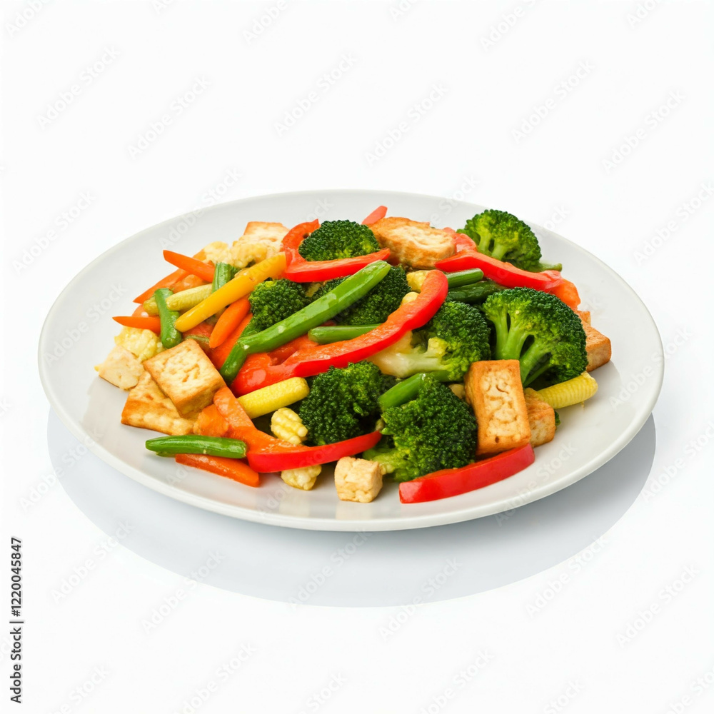 fresh vegetable and tofu stir fry on a white plate fresh vegetable and tofu stir fry on a white plate